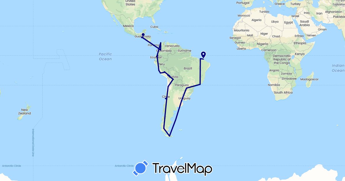 TravelMap itinerary: driving in Argentina, Bolivia, Brazil, Chile, Colombia, Ecuador, Guatemala, Peru (North America, South America)